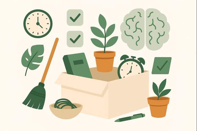 Flat illustration of decluttering-related objects including a cardboard box, potted plants, broom, clock, notebook, pen, checkmark icons, and a brain symbol, representing the mental benefits of a tidy and organized space.
