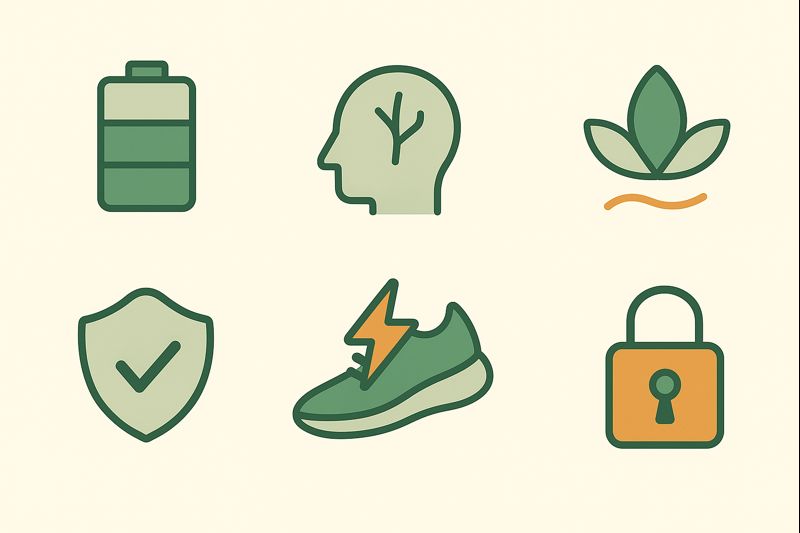 Flat illustration of symbolic objects including a battery icon, human head silhouette, lotus plant, shield, running shoe with energy bolt, and padlock, representing key habits for managing mental energy.