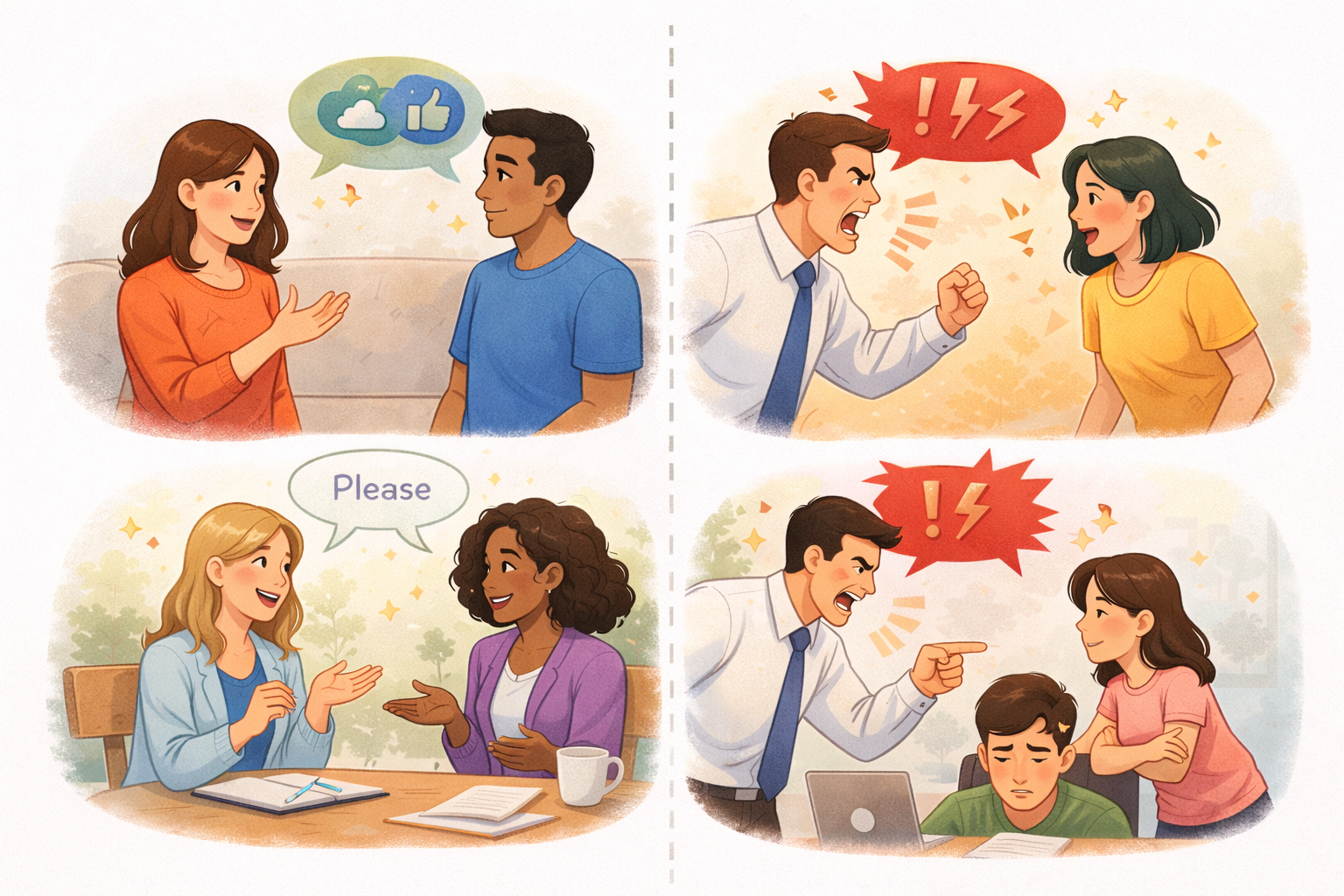 Side-by-side scenes showing calm, respectful assertive communication contrasted with tense, confrontational aggressive communication, illustrating the differences in communication styles and their impact on relationships.