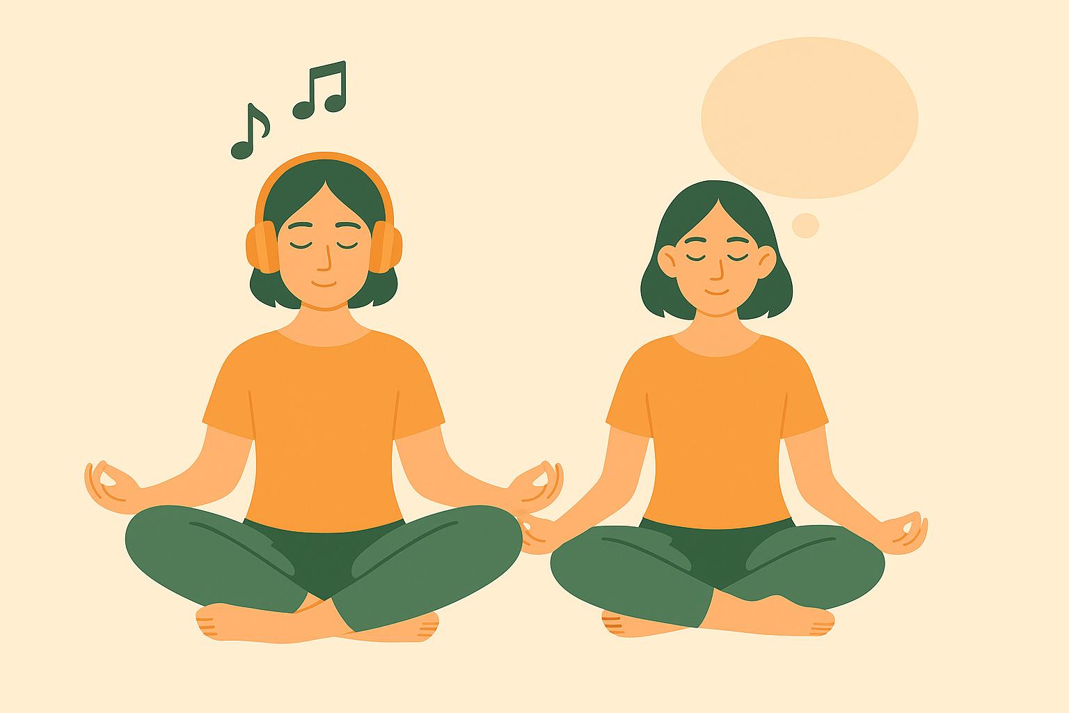 Two women meditating side by side—one using headphones for guided meditation with music notes above her, and the other practicing silent meditation with a blank thought bubble—symbolizing the difference between guided and silent meditation practices.
