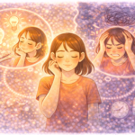 A woman shown in contrasting states—calm self-reflection with clarity and insight versus anxious overthinking with mental chaos—illustrating the difference between healthy reflection and rumination.