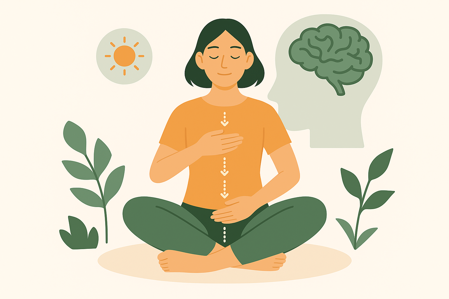 A woman sitting cross-legged with hands on her chest and abdomen, with downward arrows along the body and surrounding symbols like a brain, sun, and plants, representing the process of body scan meditation.