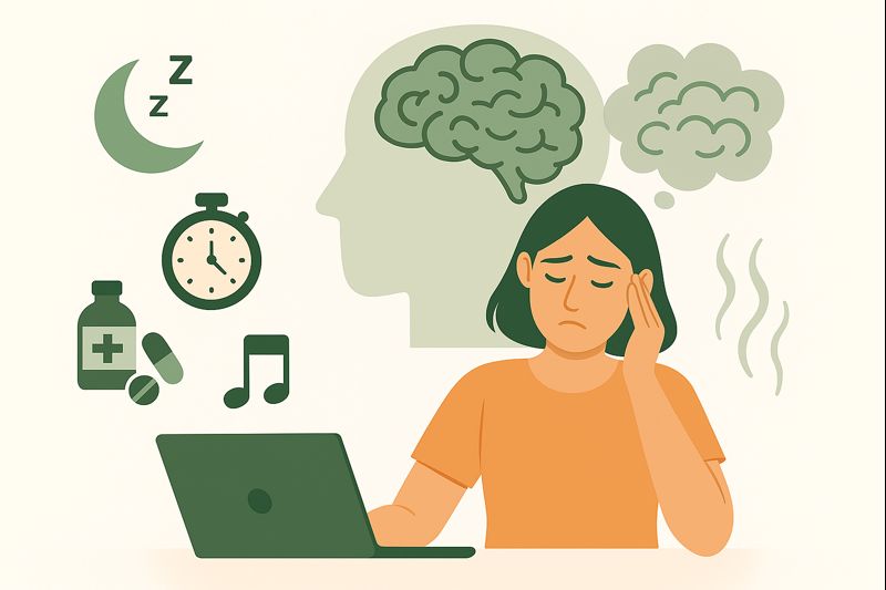 A woman experiencing brain fog while working, surrounded by icons like a brain, sleep symbol, clock, medication, and music, representing common causes and factors related to mental cloudiness.