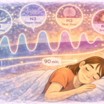 A woman sleeping peacefully while a visual sleep cycle chart shows stages of light sleep, deep sleep, and REM over time, illustrating how sleep cycles work throughout the night.