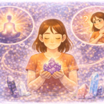 A woman holding a glowing crystal while contrasting thoughts of calm meditation and skepticism appear around her, illustrating the debate between belief and scientific benefit in crystal-based mental energy practices.