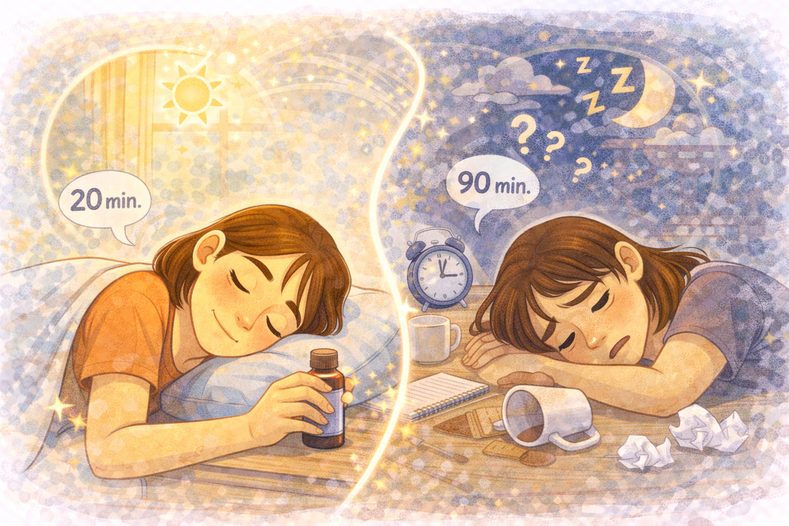 A split scene showing a woman enjoying a short refreshing nap in daylight contrasted with a longer nap leading to grogginess and confusion, illustrating the benefits and downsides of napping.