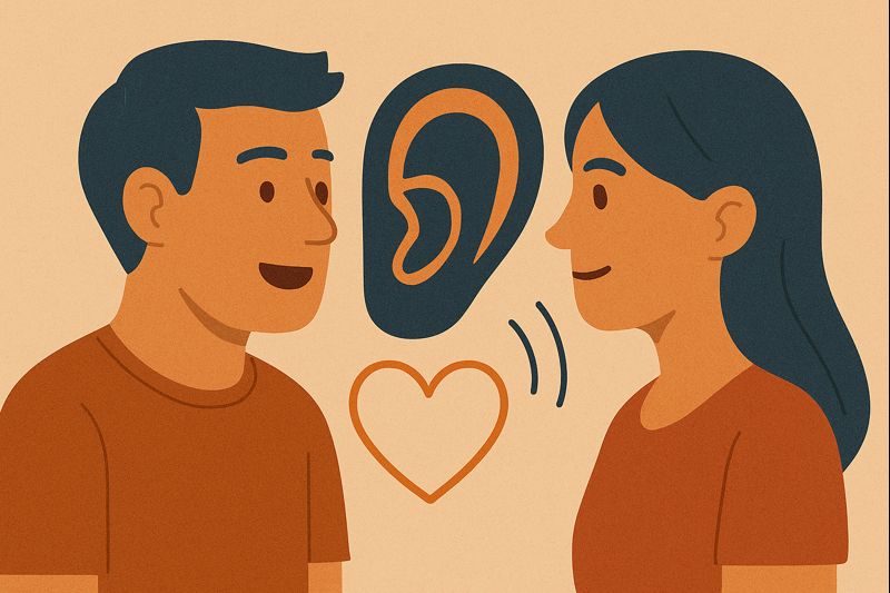 A man and woman facing each other with an ear and heart symbol between them, representing active listening and deeper emotional connection.