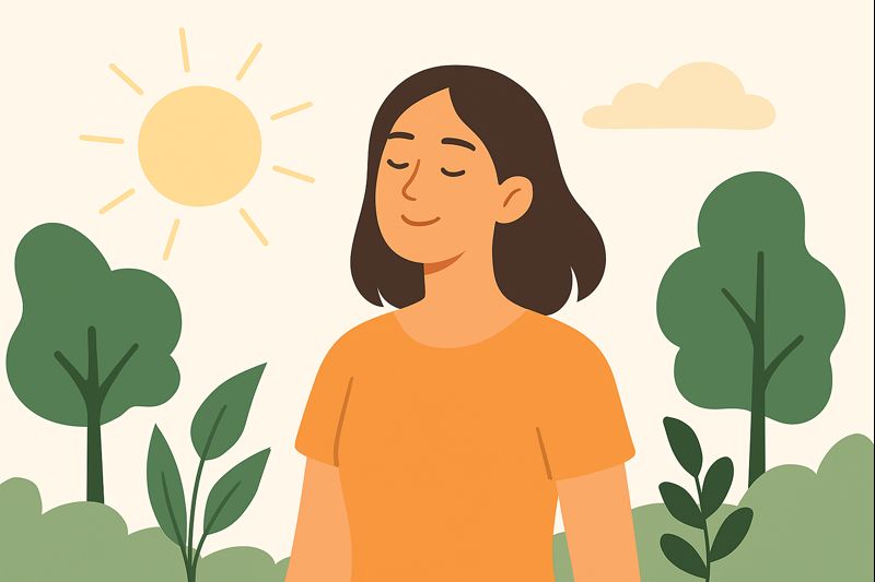 A woman standing outdoors with eyes closed, enjoying warm sunlight surrounded by trees, symbolizing how natural light supports mood and mental well-being.
