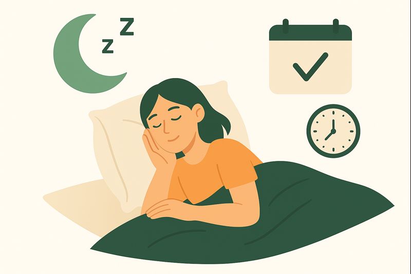 A woman sleeping peacefully with icons of a moon, calendar checkmark, and clock around her, representing how maintaining a consistent sleep schedule improves rest and overall well-being.
