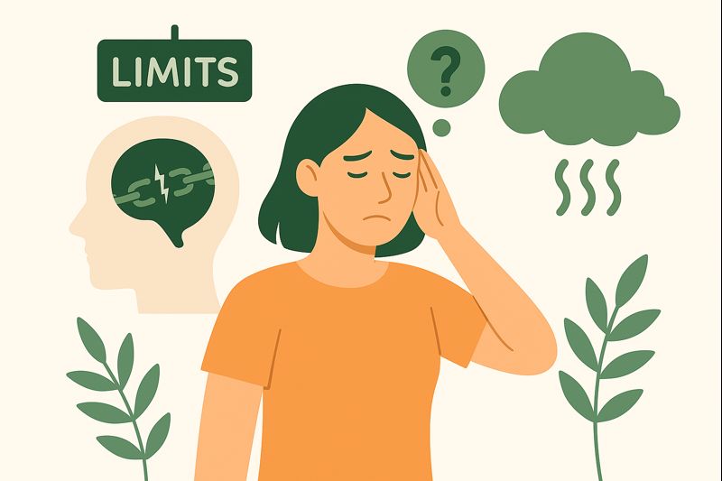 A woman holding her head with a worried expression, surrounded by symbols like a broken chain inside a head silhouette, a “limits” sign, and thought bubbles, illustrating how limiting beliefs affect mindset and confidence.