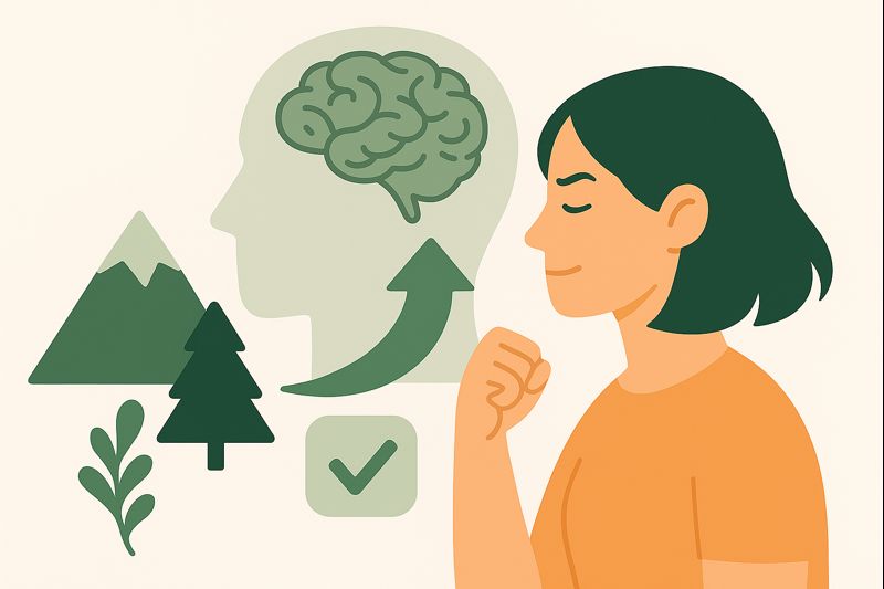 A determined woman with a confident expression beside icons of a brain, upward arrow, mountains, and a checkmark, symbolizing psychological principles that contribute to developing grit and resilience.