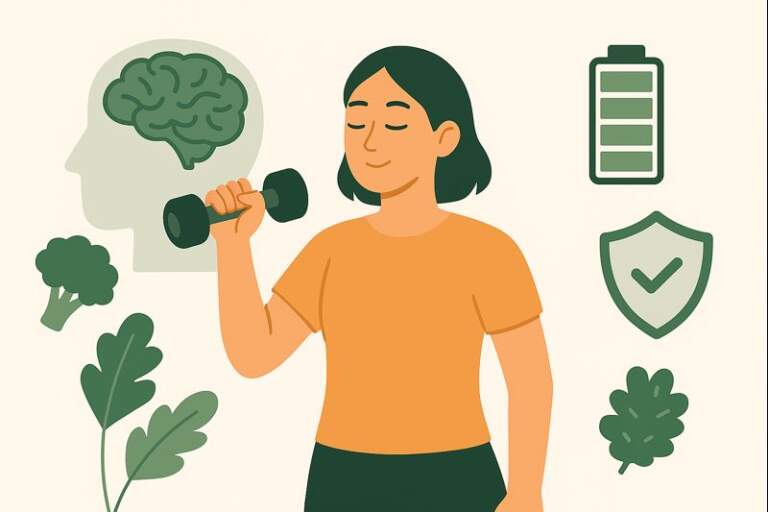 A woman lifting a dumbbell with icons of a brain, battery, shield, and healthy foods around her, symbolizing the biological and psychological factors that strengthen willpower.