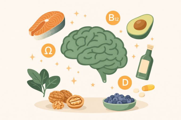 A green brain surrounded by foods like salmon, avocado, walnuts, leafy greens, and blueberries, representing key nutrients that support brain health and cognitive function.