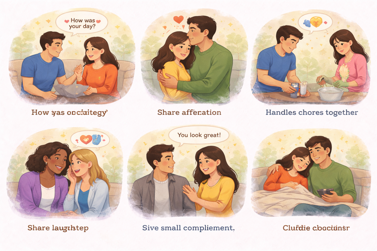 Multiple scenes of couples sharing small daily moments such as listening, hugging, doing chores together, giving compliments, and relaxing side by side, illustrating how everyday micro-actions strengthen emotional closeness.