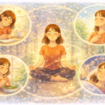 A woman practicing daily mindfulness rituals such as journaling, meditation, mindful eating, breathing, and relaxing with music, illustrating habits that support emotional balance and well-being.