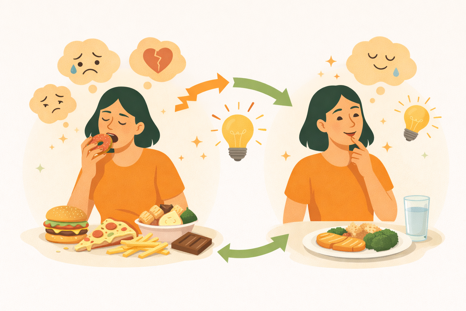 A woman shown in two stages—emotionally eating unhealthy foods and later choosing balanced meals with a calm expression—symbolizing emotional eating patterns and the process of breaking the cycle through mindful choices.