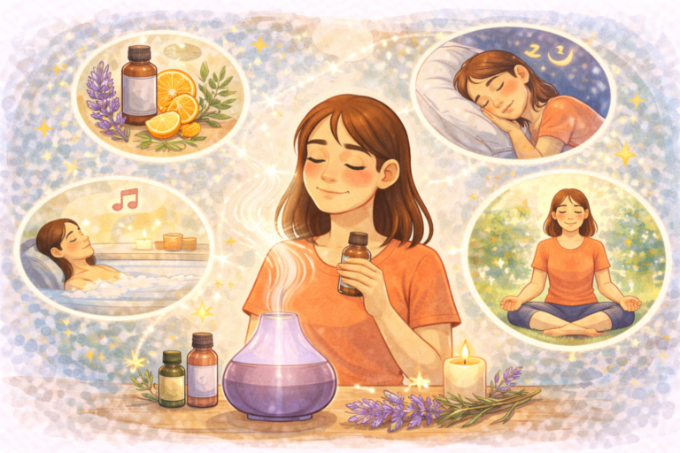 A woman enjoying the scent of essential oils from a diffuser, surrounded by scenes of relaxation, sleep, meditation, and self-care, illustrating how aromatherapy can help reduce stress and promote calm.