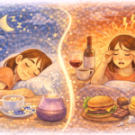 A split scene showing calming evening foods like herbal tea, fruit, and nuts supporting restful sleep contrasted with caffeine, alcohol, and junk food causing sleep disruption, illustrating how food choices impact sleep.