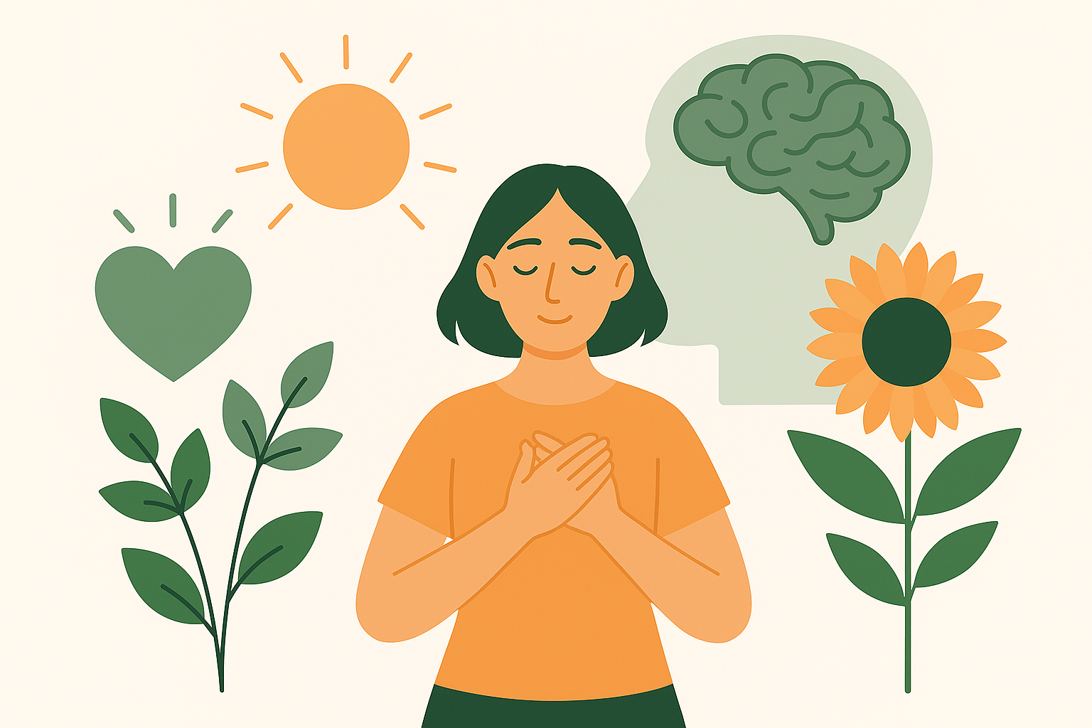 A woman holding her hands over her heart with symbols of a brain, heart, sun, and plants around her, representing how practicing gratitude positively influences mood and brain function.