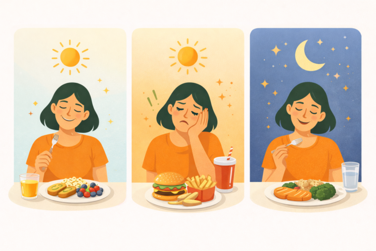 A woman shown at different times of day eating various meals, with changing expressions from energized to tired to calm, illustrating how meal timing can affect mood and emotional balance.