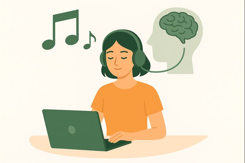 A woman wearing headphones while working on a laptop, with music notes and a brain icon symbolizing how music affects concentration.
