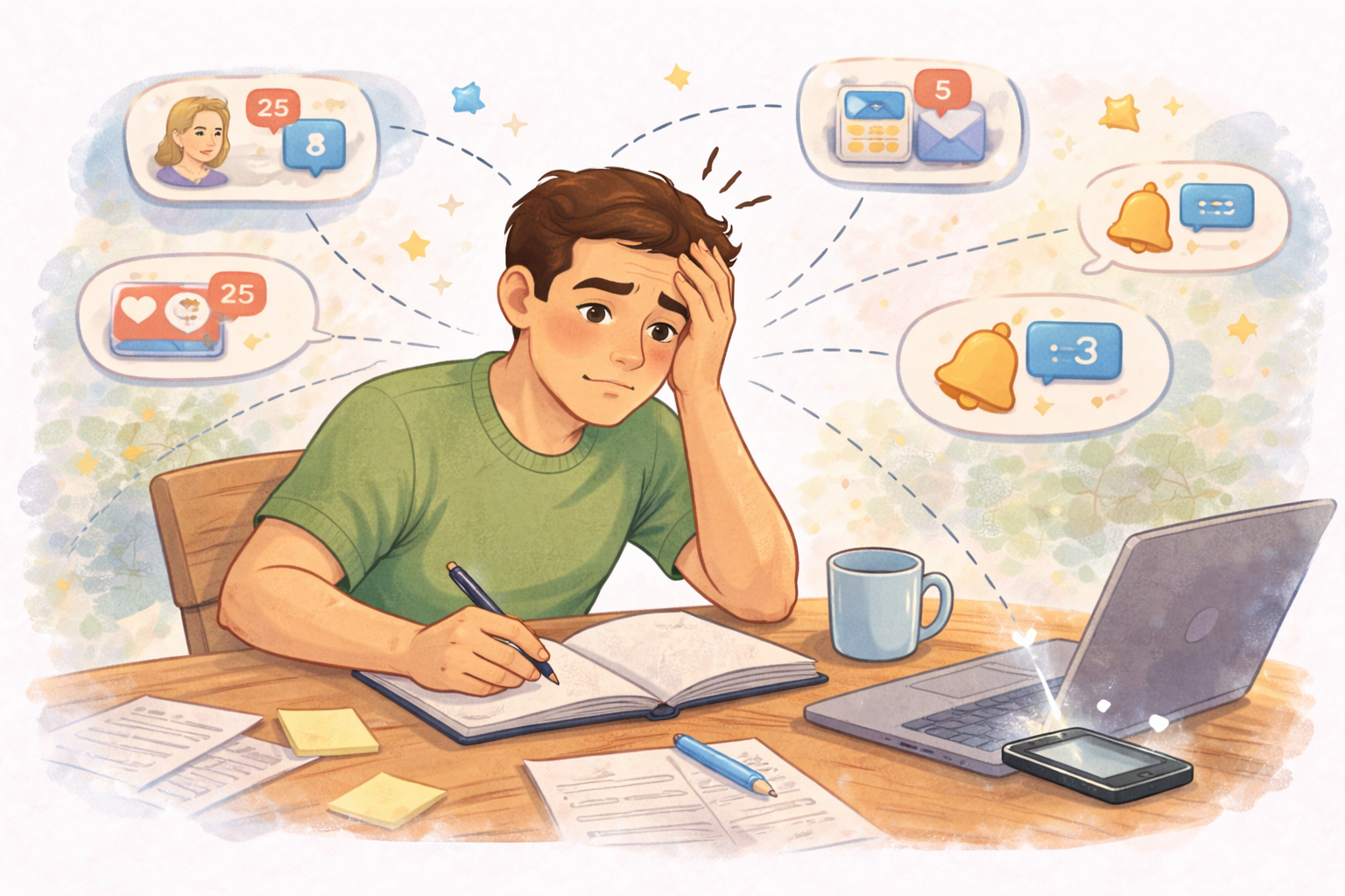 A man working at a desk while surrounded by floating phone notifications, message alerts, and social media icons, illustrating how constant notifications interrupt focus and reduce concentration.