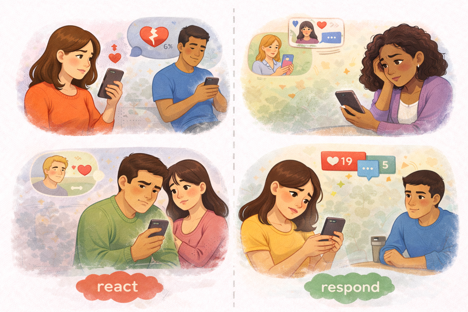 Multiple scenes of couples feeling anxious or disconnected while using smartphones, with social media notifications and comparison symbols, illustrating how social media can contribute to relationship anxiety and emotional distance.