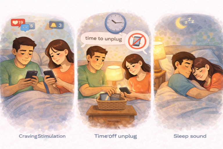 A three-panel scene of a couple scrolling on phones in bed, then placing devices away, and finally sleeping peacefully together, illustrating the benefits of creating a digital curfew before bedtime.