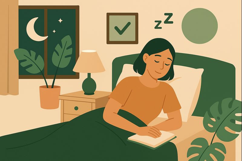 A woman sleeping peacefully in a cozy bedroom with calming elements like soft lighting, plants, and nighttime scenery, representing how a well-designed environment can improve sleep quality.