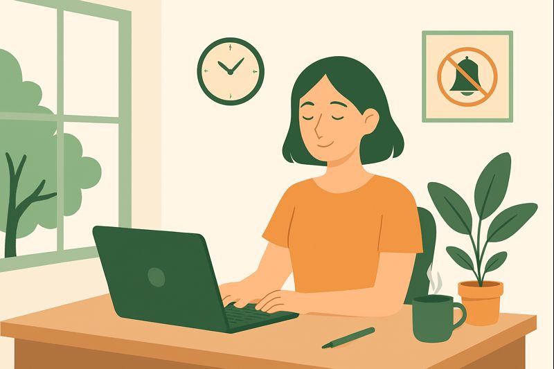 A woman working peacefully at a minimalist desk with her laptop, surrounded by calming elements like plants, natural light, and a muted notification symbol, representing strategies for creating a distraction-free workday.