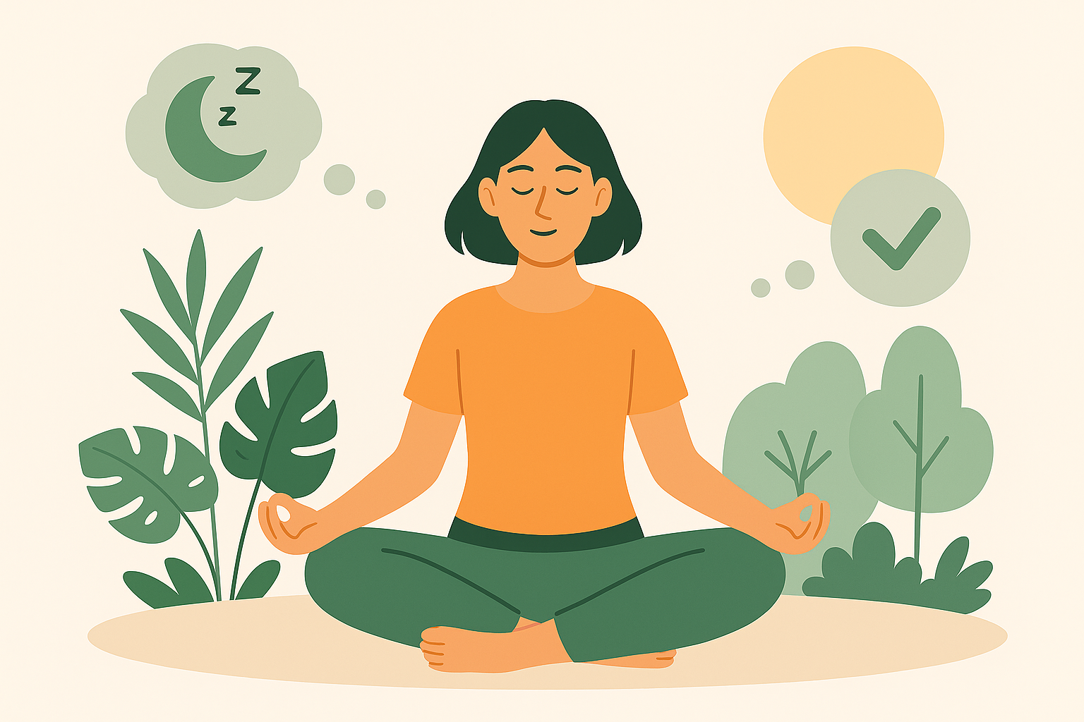 A woman meditating in an upright seated position with alert posture, surrounded by symbols of sleep and focus, representing techniques to stay awake and mindful during meditation.