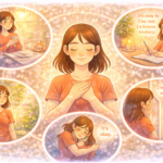 A woman with hands over her heart surrounded by scenes of journaling, resting, walking in nature, self-soothing, and positive self-talk, illustrating daily self-compassion practices that support emotional well-being.