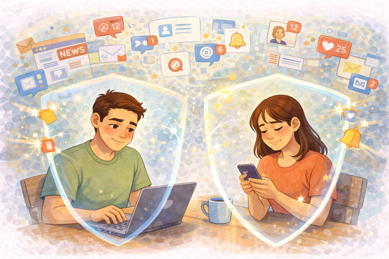 A man and woman using digital devices while surrounded by glowing shield shapes that block incoming notifications, illustrating how setting boundaries online helps protect mental energy and focus.