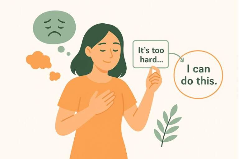 A woman holding a negative thought bubble that transforms into a positive affirmation, symbolizing the process of reframing negative thoughts into empowering ones.