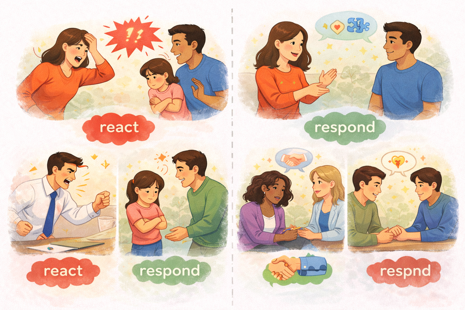 Side-by-side scenes comparing reactive emotional outbursts with calm, thoughtful responses, illustrating the difference between reacting impulsively and responding mindfully in everyday situations.