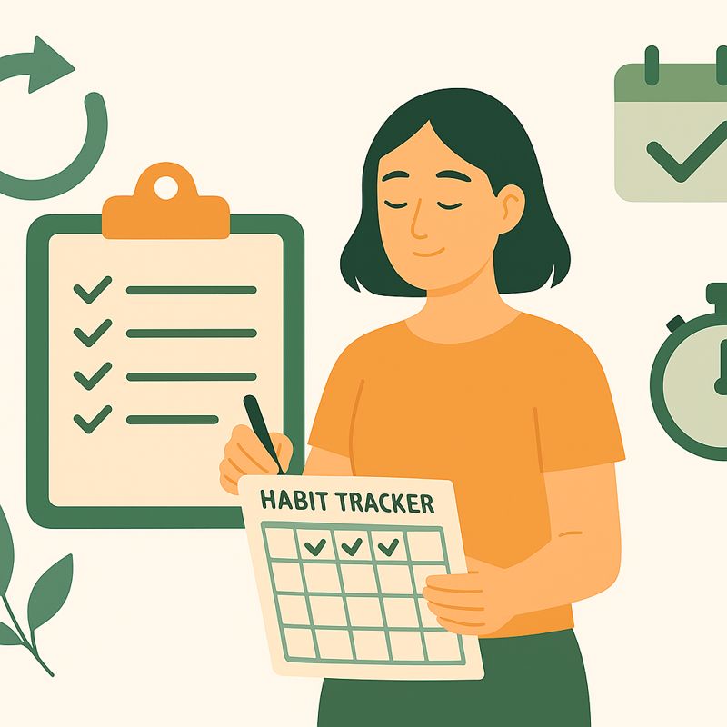 A woman checking off a habit tracker while standing beside a clipboard, calendar, and stopwatch icons, symbolizing strategies for maintaining consistency with new habits.