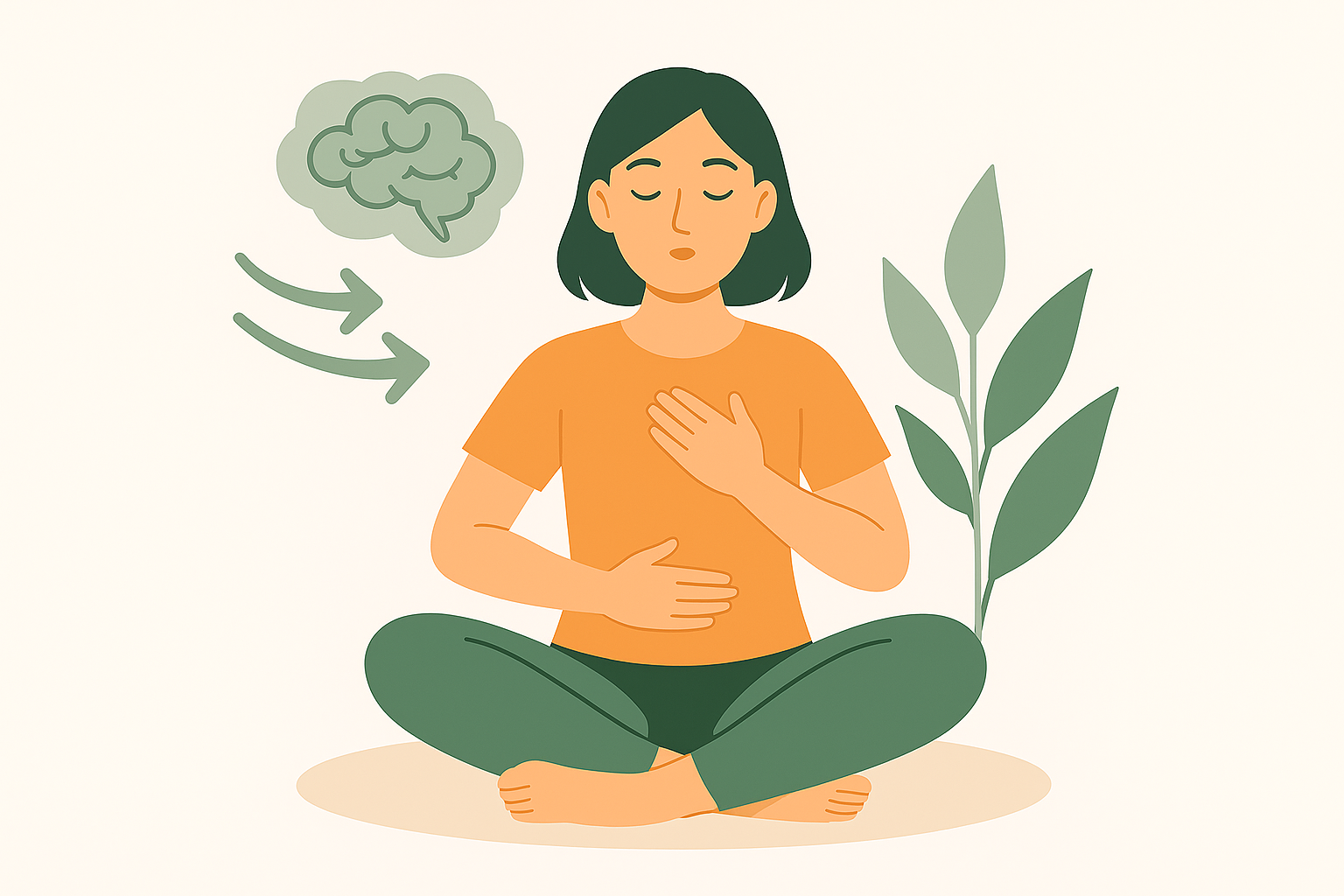 A woman practicing deep breathing with one hand on her chest and one on her abdomen, with airflow arrows and a brain icon beside her, symbolizing using breath to calm and center the mind.