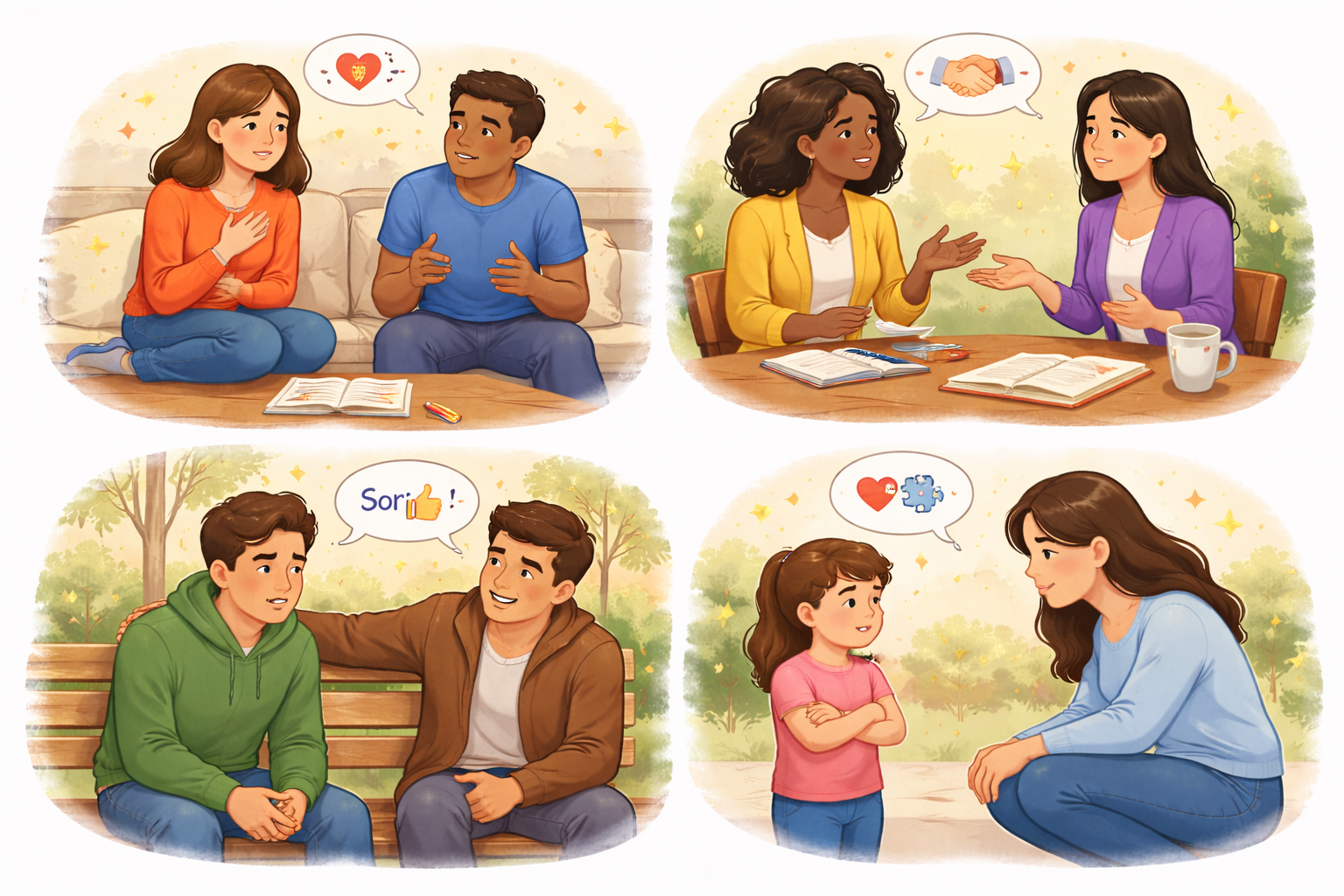 Four scenes of people calmly communicating, listening, and resolving disagreements through empathy and open dialogue, illustrating mindful conflict resolution in relationships.