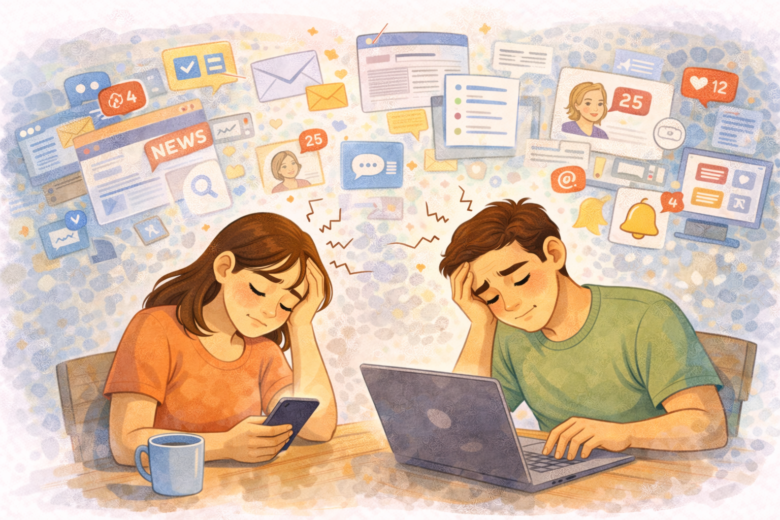 Two people sitting at a table looking mentally exhausted while surrounded by floating social media notifications, emails, and news alerts, illustrating online overwhelm and digital-related mental fatigue.