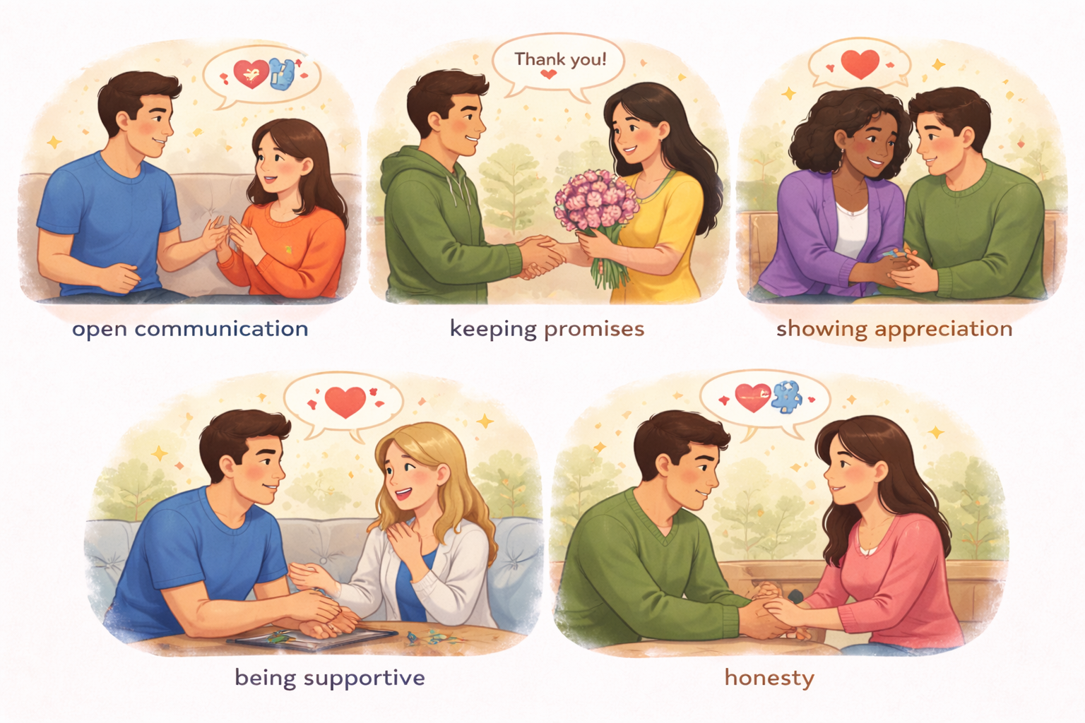 Multiple scenes of people communicating openly, keeping promises, showing appreciation, offering support, and practicing honesty, illustrating everyday habits that build trust in relationships.