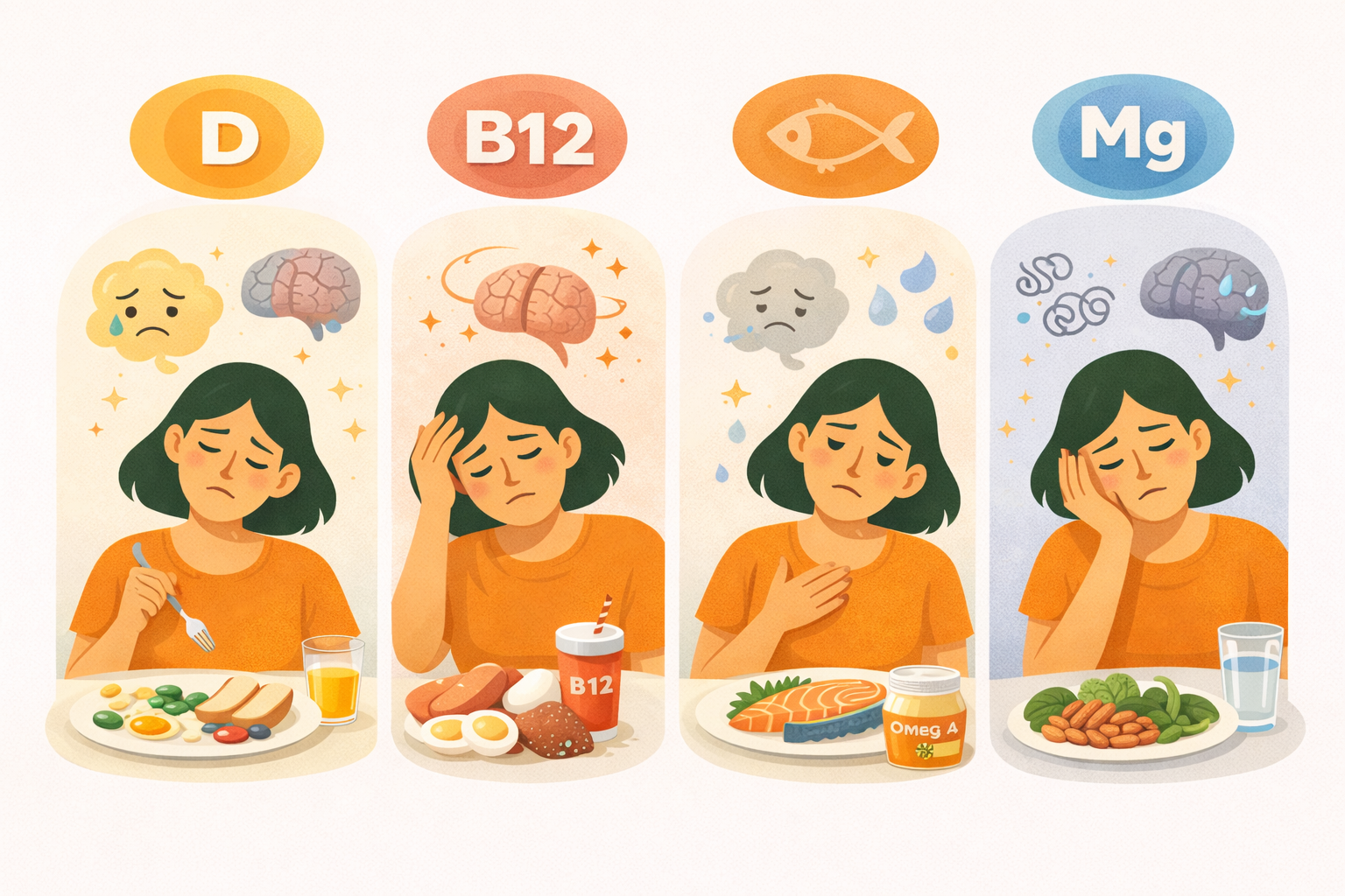 Four panels showing a woman experiencing fatigue, low mood, and brain fog alongside icons for vitamin D, B12, omega-3, and magnesium, illustrating how nutrient deficiencies can impact mental health.