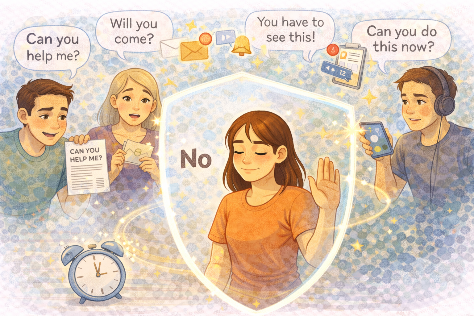 A woman calmly raising her hand to say no while surrounded by requests and notifications, protected by a glowing shield, illustrating healthy boundaries that protect mental peace and emotional well-being.