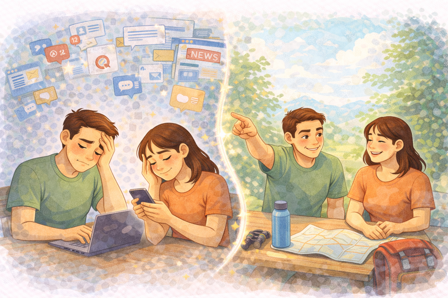 A split scene showing a stressed couple overwhelmed by digital notifications contrasted with the same couple enjoying time outdoors in nature, illustrating how a digital detox can improve mental sharpness and clarity.