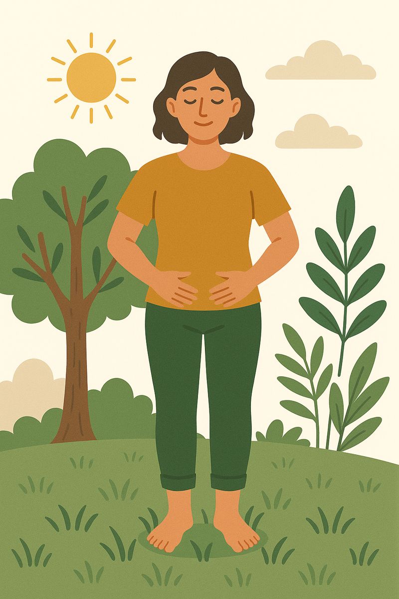 A woman standing barefoot on grass, surrounded by trees and sunlight, symbolizing the calming and restorative benefits of grounding or earthing.