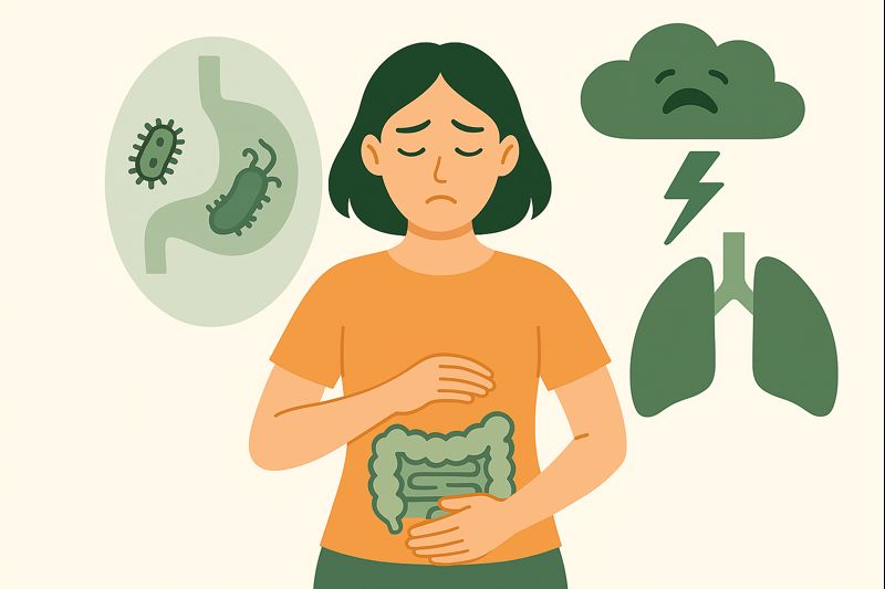 A woman holding her stomach with a worried expression, surrounded by icons of the gut, bacteria, brain, and stress symbols, representing how digestive health is linked to anxiety.
