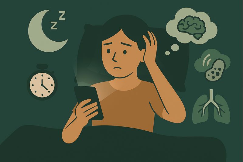 A person lying in bed at night, looking worried while holding a glowing phone, surrounded by sleep-related icons like a moon, clock, and brain cloud, representing how screen time can disrupt sleep quality.