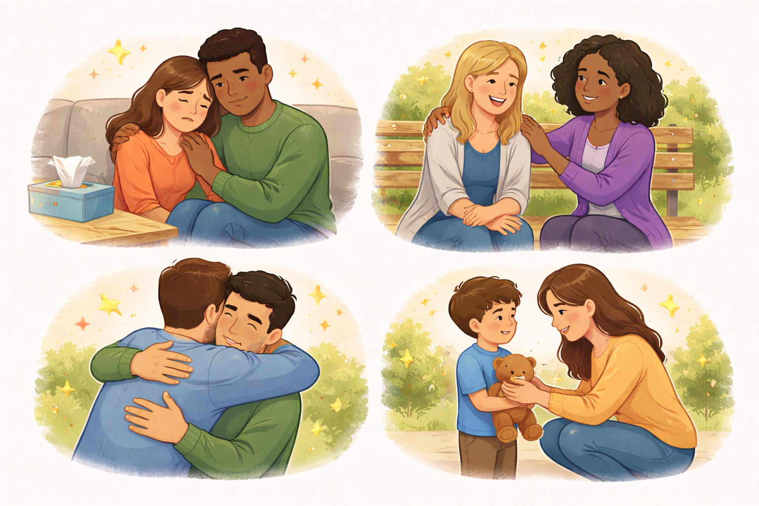 Four scenes showing people offering comfort, listening, and emotional support in close relationships, illustrating how empathy strengthens connection and trust.