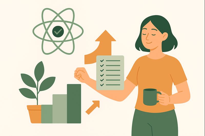 A woman holding a mug and raising her fist beside icons like an atom symbol, growth bars, arrows, and a checklist, representing real-life examples of small habits leading to meaningful progress.