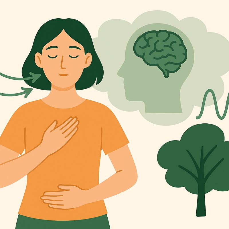 A woman practicing deep breathing with hands on her chest and abdomen, surrounded by calming symbols like airflow arrows, a brain icon, and nature elements, representing breathing patterns that reduce anxiety.