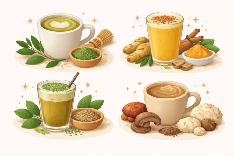 Four warm beverages including matcha, turmeric latte, yerba mate, and mushroom coffee surrounded by natural ingredients, representing caffeine alternatives that help improve focus and sustained energy.
